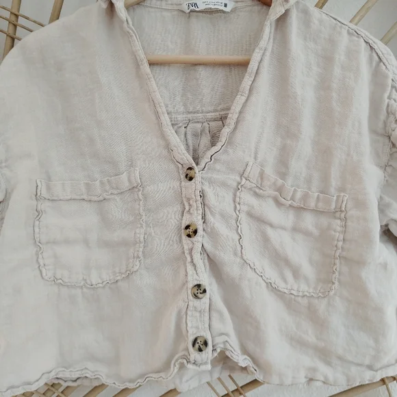 Zara Linen Button Front Cropped Shirt / Size Small - Picture 5 of 10